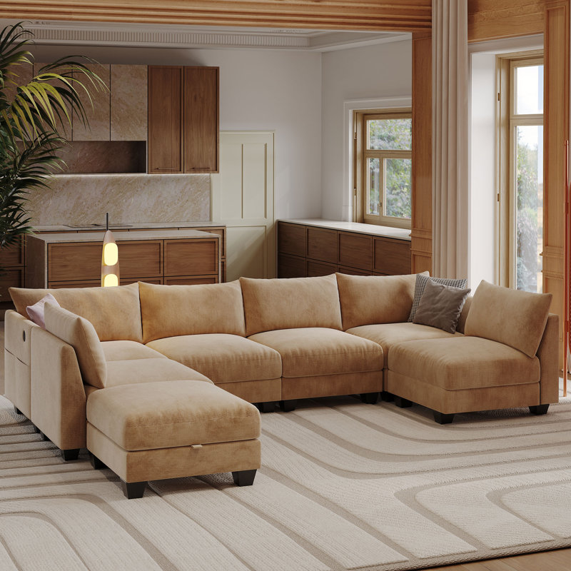 Amold 124'' 6-Seater Sectional Sofa, U-shaped Modular Sofa Cloud Couch, Comfortable Living Room Sofa With Ottoman Storage
