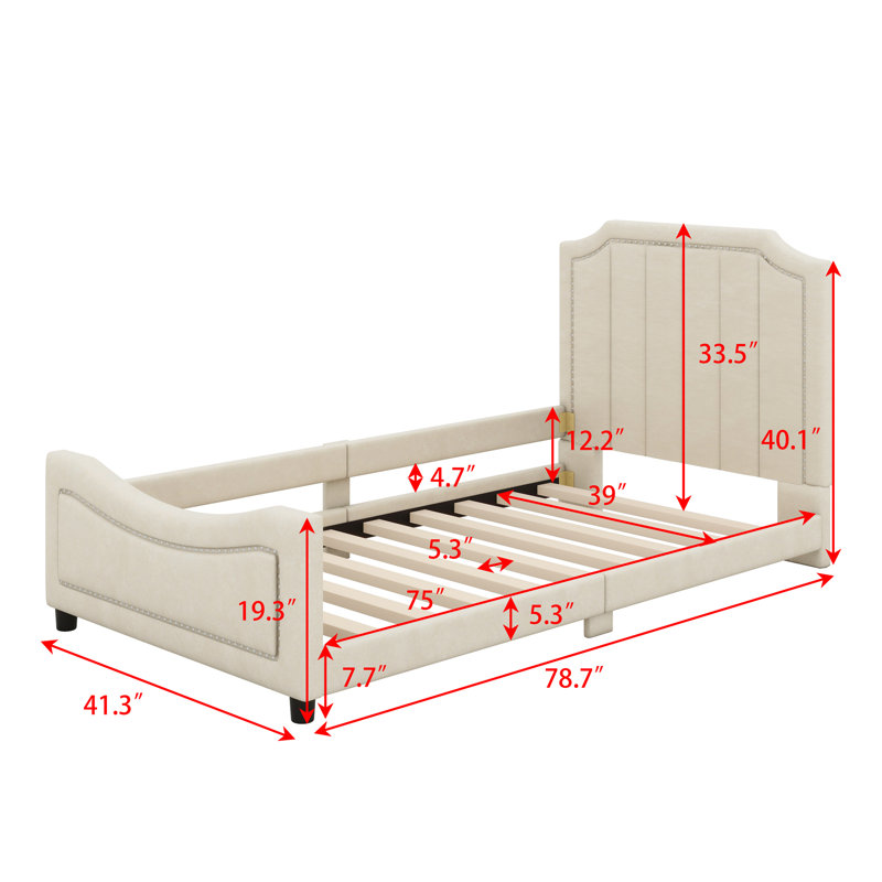 Upholstered Daybed With Classic Stripe Shaped Headboard, Beige