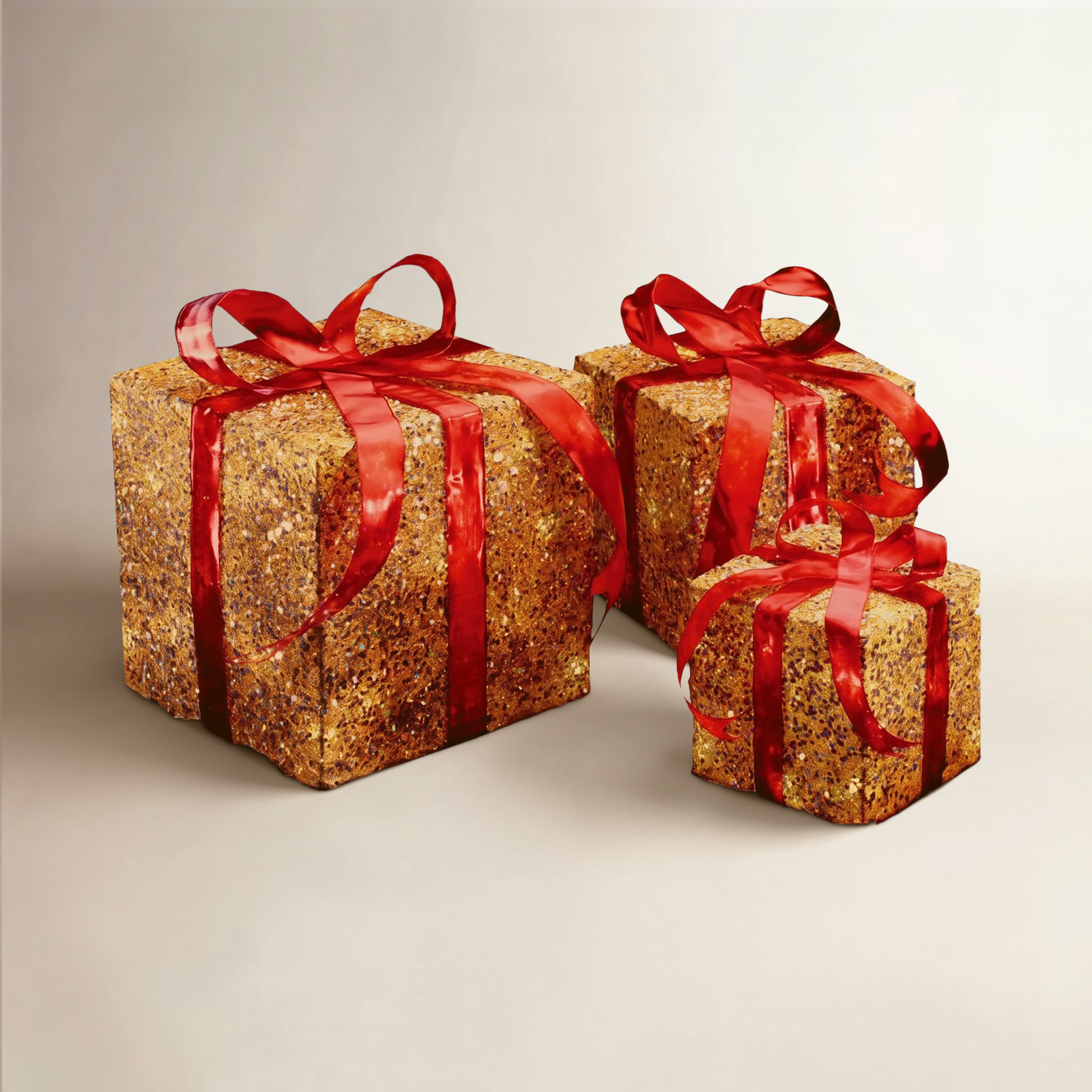 Pre-Lit Sisal Gift Box Set, Gold with Red Bows, 10.6" H x 10" W x 10" D