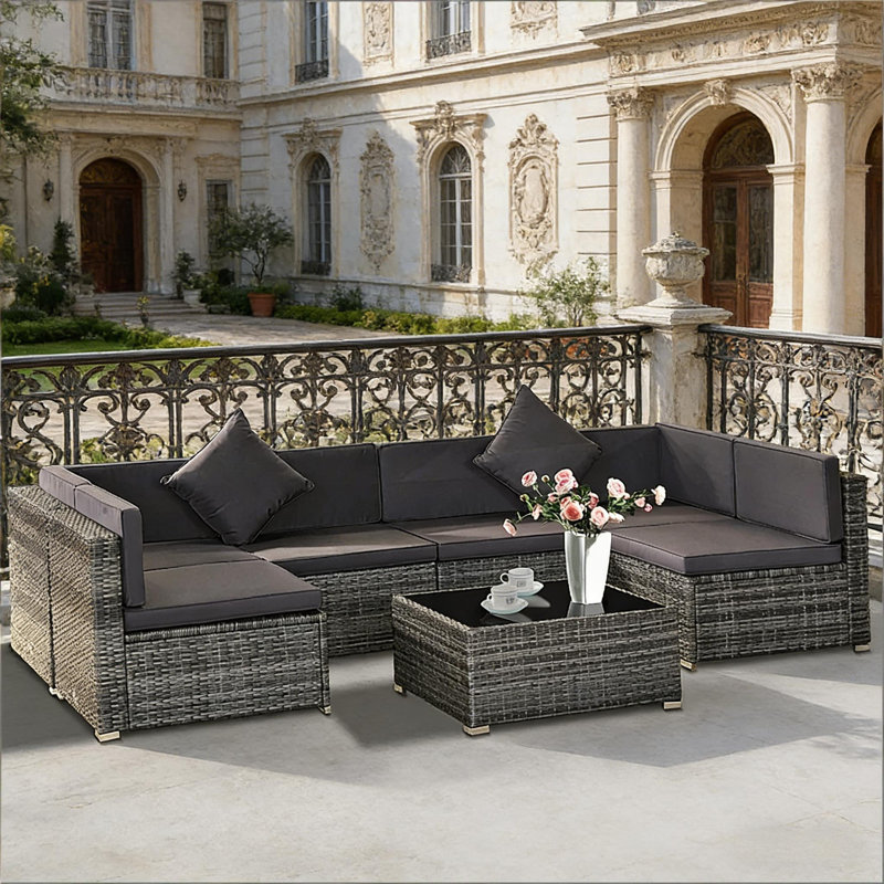 Ensemble de canapé d'extérieur 7 pièces en osier, Gris, Gris