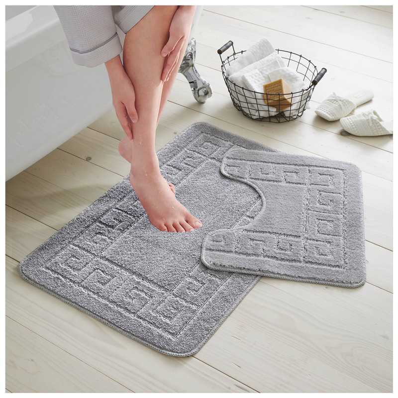2 Piece Bathroom Rug Set Greek Key Pattern Bath Mat & Pedestal Mat Non Slip Rubber Back Soft Absorbent Mats, Silver