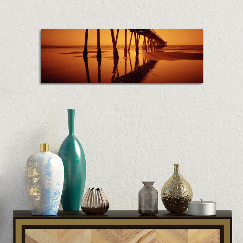 Silhouette Of A Pier At Sunset, Hermosa Beach Pier, Hermosa Beach, California, USA by Panoramic Images - Wrapped Canvas Panoramic Print