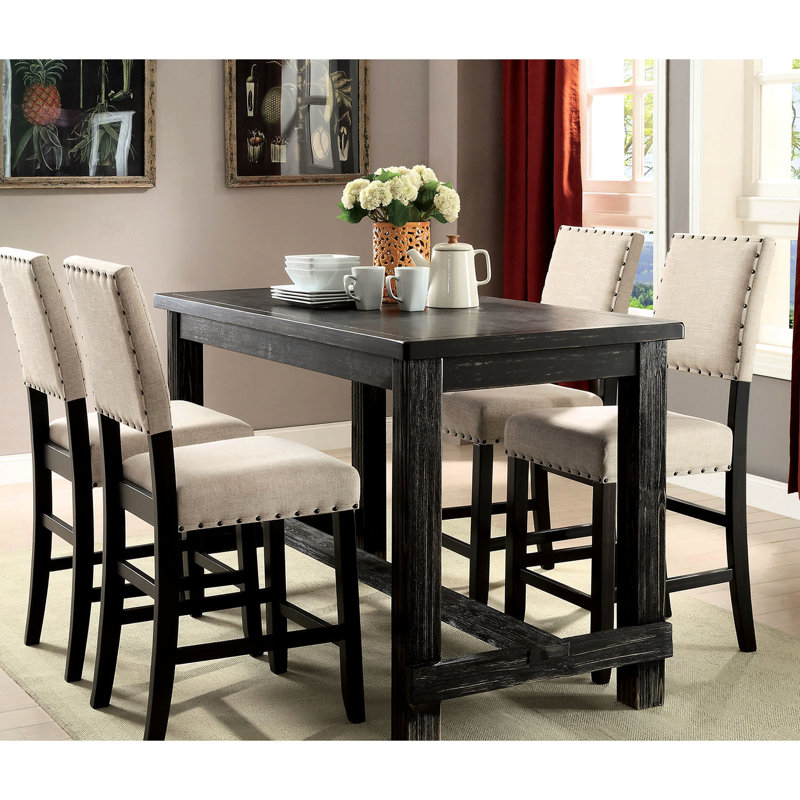 Table de comptoir en bois massif noir antique - Design rustique, poutre centrale, hauteur rectangulaire noire, finition