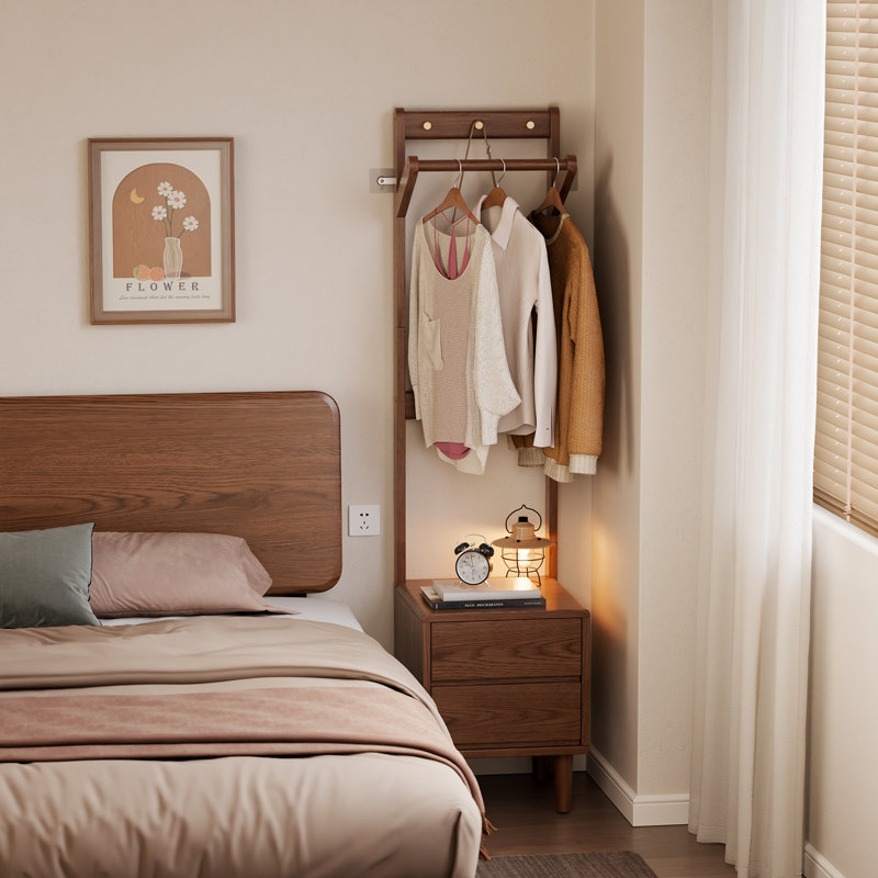 Table de chevet multifonctionnelle en bois massif 3-en-1 Casmir: portemanteau tout-en-un, tringle à vêtements et armoire de rangement