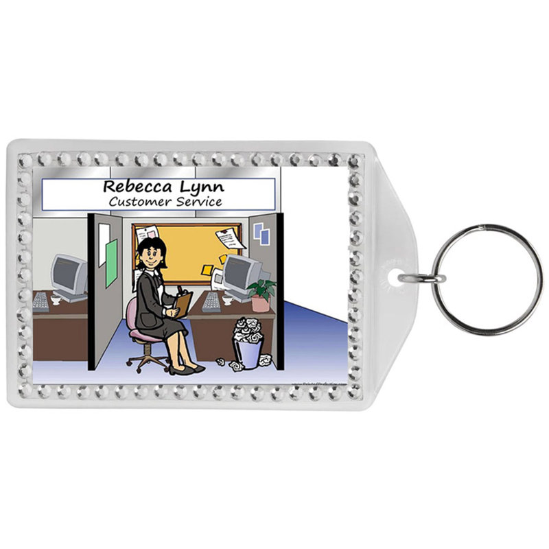 Personalized Name That Toon Cubicle Office Worker Female Rhinestone Bordered Key Chain, Yes