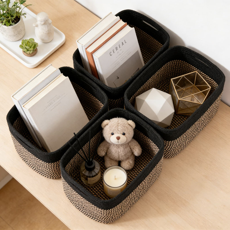 Cotton Rope Storage Baskets, 4-Pack Rectangular Organizer Bins For Shelves, Foldable Multi-Purpose Storage For Toys, Books, Clothes, And Home Organization