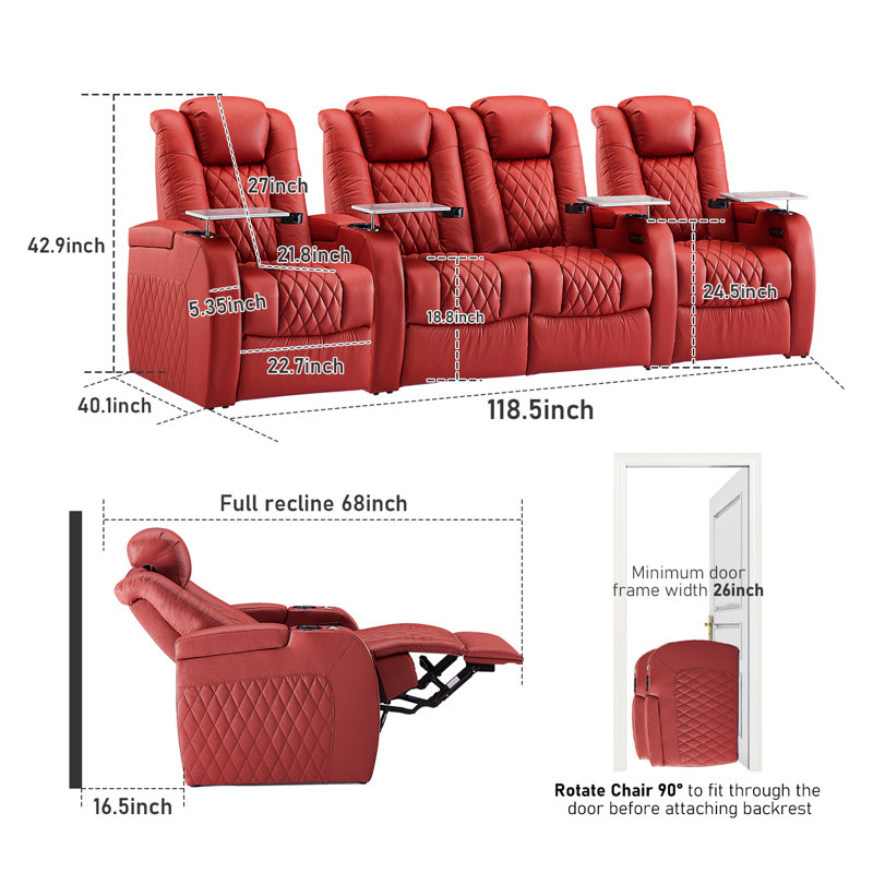Siège de cinéma individuel en cuir véritable de 112 po de largeur avec porte-gobelet, Rouge