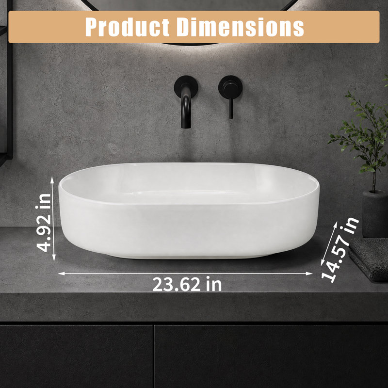 Gloss White Vitreous Ceramic Oval Above-Counter Vessel Sink, Thin Edge, Built-In Overflow, No Faucet Hole, Curved Fast-Drain Basin for Bathrooms