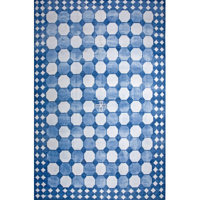 Grand tapis tissé à plat à motif géométrique blanc et bleu Mid Dhurrie