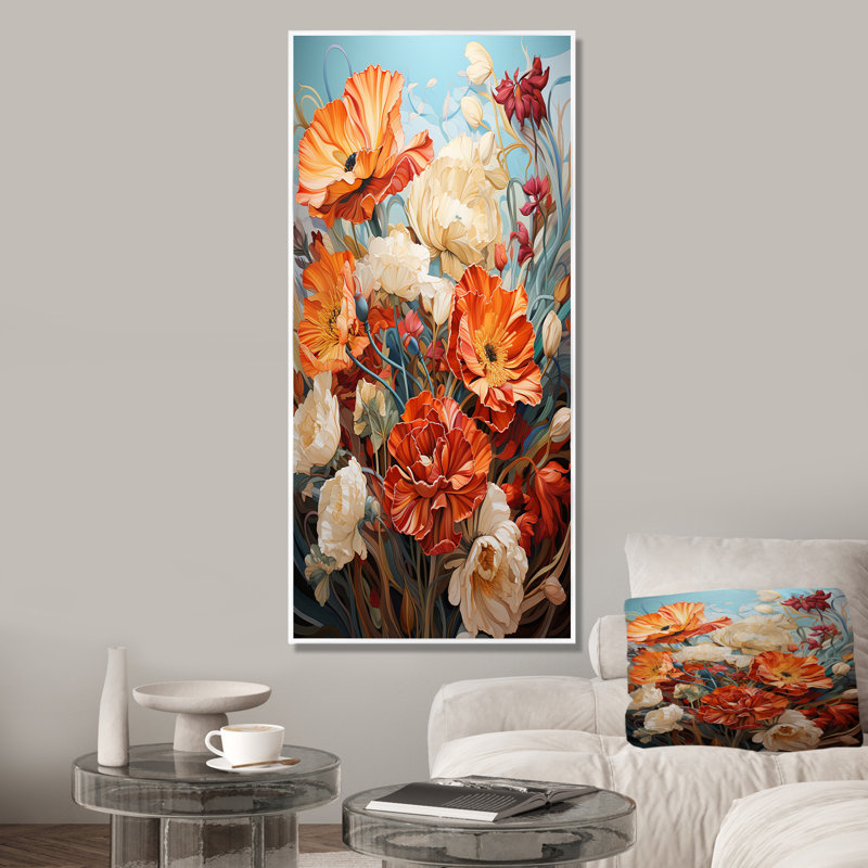 Orange orange, bouquet de fleurs d'été - art mural fleurs, Cadre flottant blanc, 32" H x 24" W