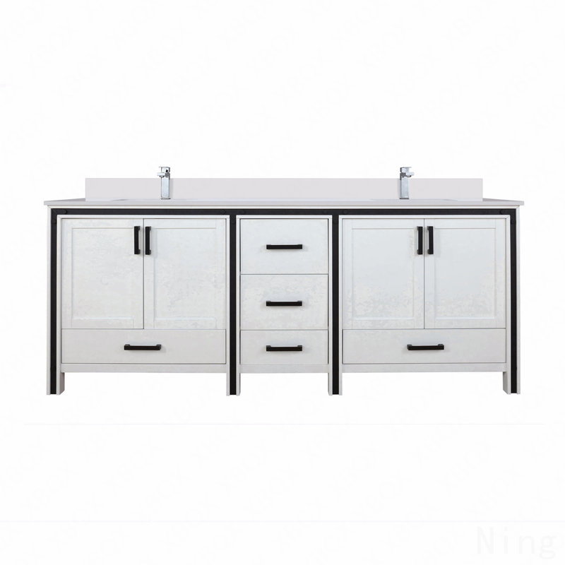 Ensemble de meuble-lavabo double l 84 po x P 22 po avec comptoir en quartz blanc et robinet, Blanc, 85"