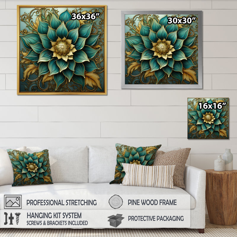 Mandala de fleur antique antique en sarcelle rétro - Boho Mandala, art mural sur toile, H 30 po x l 30 po x P 1 po