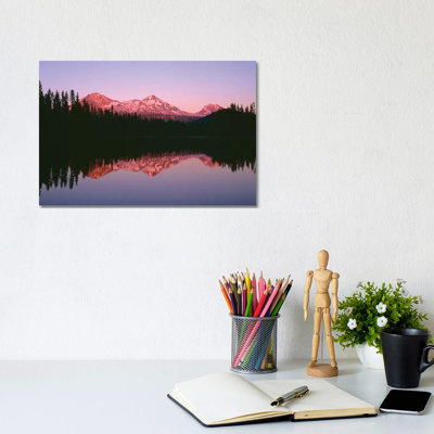 Or, Willamette Nf. Sunset Reddens The Three Sisters Which Reflect In Scott Lake. by John Barger - Wrapped Canvas Print