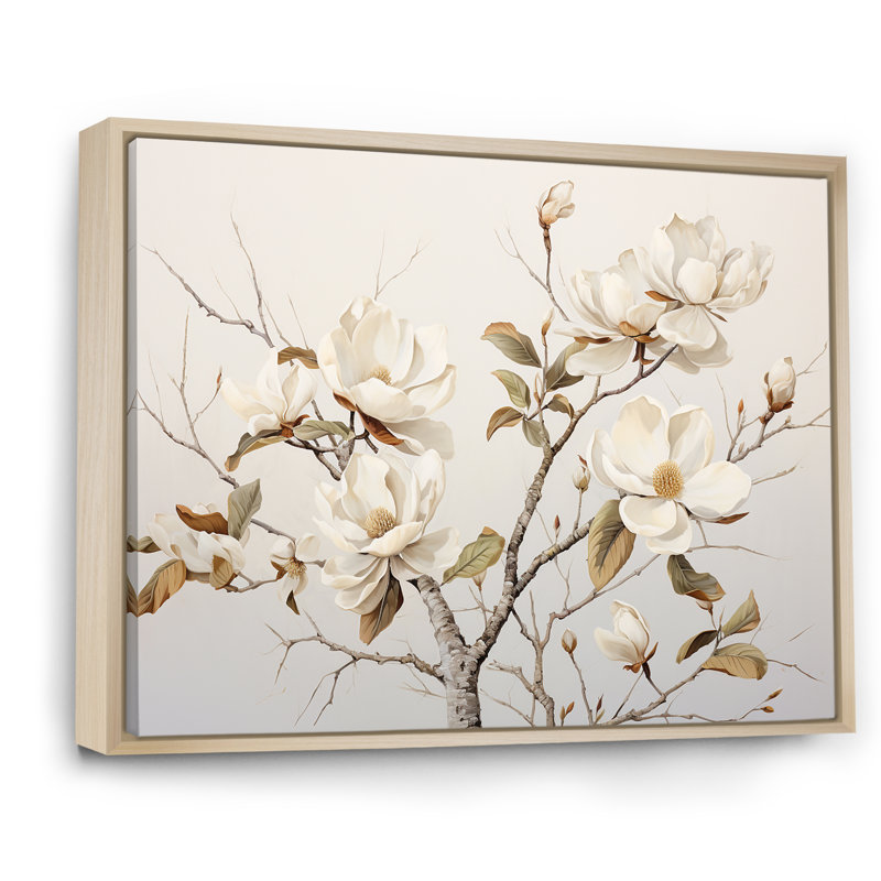 Minimalisme, fleurs de magnolia blanches sur toile, Cadre naturel flottant, H 34 po x l 44 po x P 1,5 po