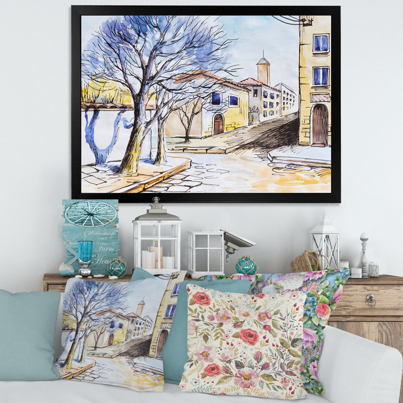 Maison blanche dans un village d'été - Peinture sur toile, H 16 po x l 32 po x p 1 po, Cadre photo noir