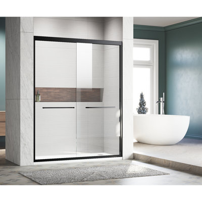 Porte de douche coulissante en verre de 56 à 60 po x H 72 po - Demi-cadre réglable, verre trempé transparent épais certifié, poignées en acier inoxydable 304, finition noire
