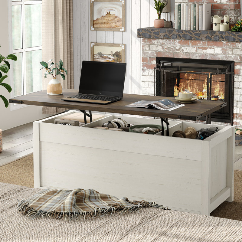 Jaquavion Coffee Table, Farmhouse Lift Top Coffee Table with Hidden Storage and Sliding Barn Door for Living Room