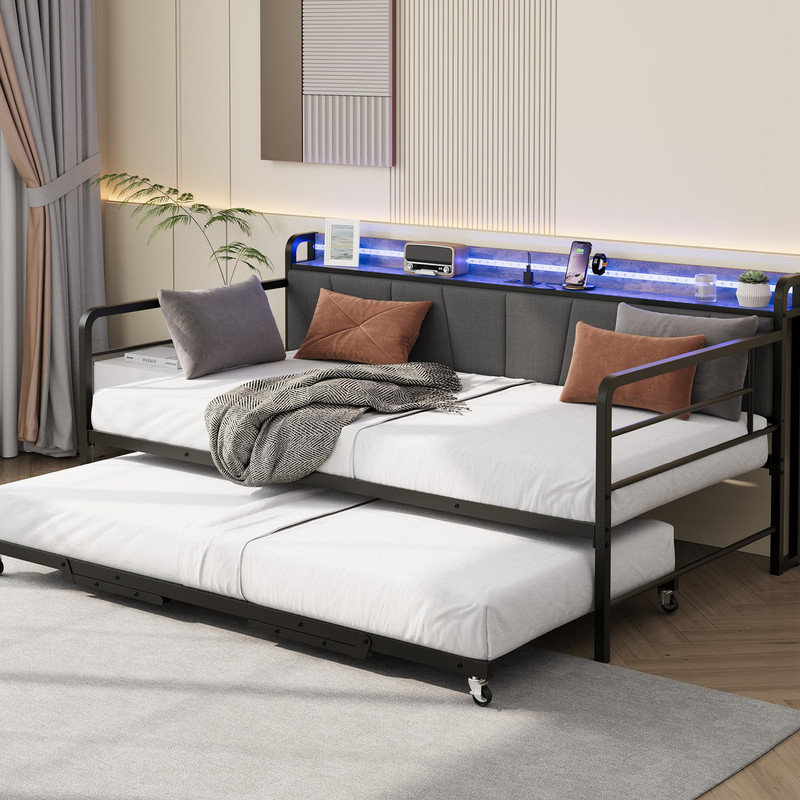 Lit de jour simple avec lit gigogne, tête de lit tapissier avec rangement, lumière DEL et station de charge, Black