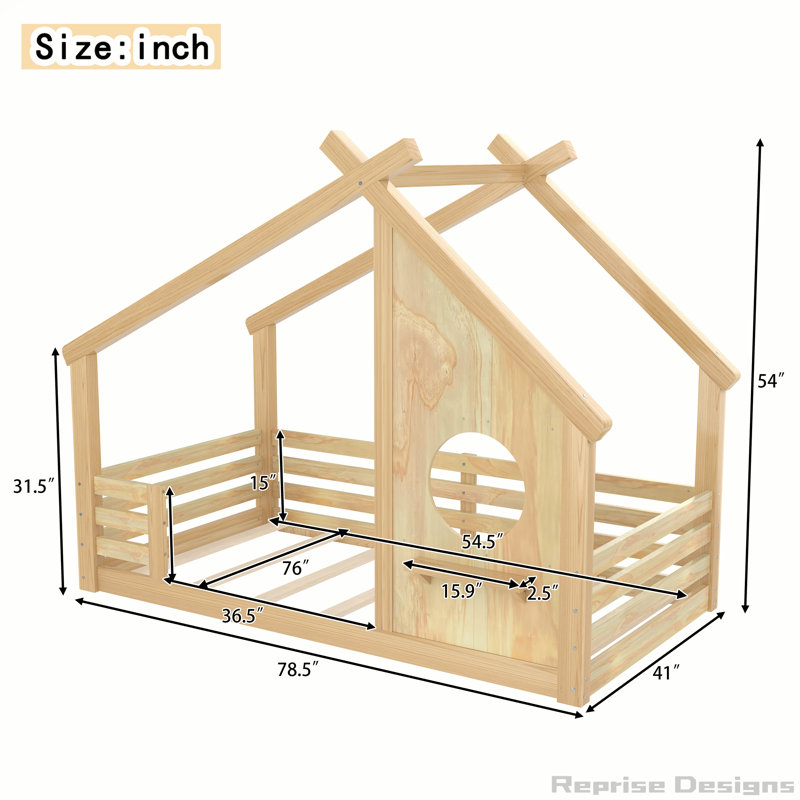 Solid Wood Floor Bed With Window And A Small Shelf, Twin, Natural