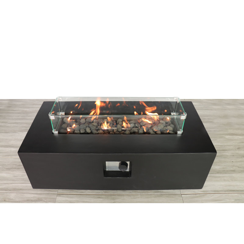 Abigale Rectangle Fiber Reinforced Concrete Propane Fire Pit Table, Charcoal, 15" H x 56" W x 24" D