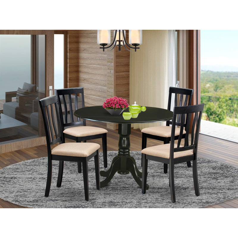 Ensemble de table de salle à manger 5 pièces comprenant une table de cuisine ronde avec Dropleaf et 4 chaises de salle à manger rembourrées en tissu de lin, 42 po x 42 po, noir