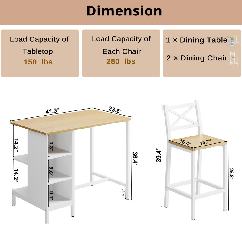 Industrial Style 3 Pieces Counter Height Dining Table Set With Storage Shelves, 41.3’’L Rectangular Dining Table With 2 Dining Chairs For Compact Kitchen Or Dining Room