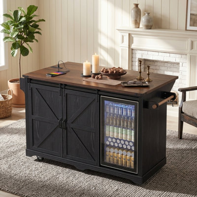 Îlot de cuisine à roulettes FFZ de 72 po de style ferme avec double mini-réfrigérateur, prise électrique et portes coulissantes de style grange, noir