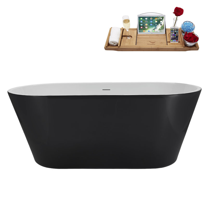 59" Streamline Soaking Glossy Black Freestanding Tub and Tray With Internal Drain, Brushed Brass