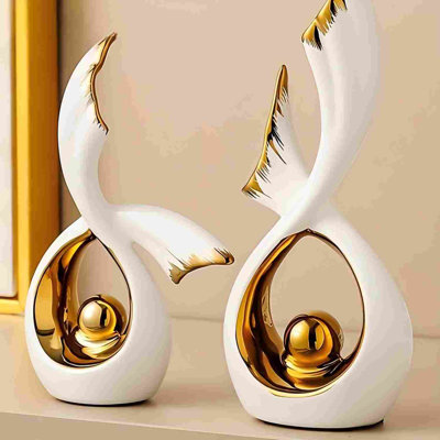 Élégante sculpture en feuille d'or sur fond blanc Fortune, décor minimaliste moderne pour le salon, le vestibule, le meuble télé et le bureau