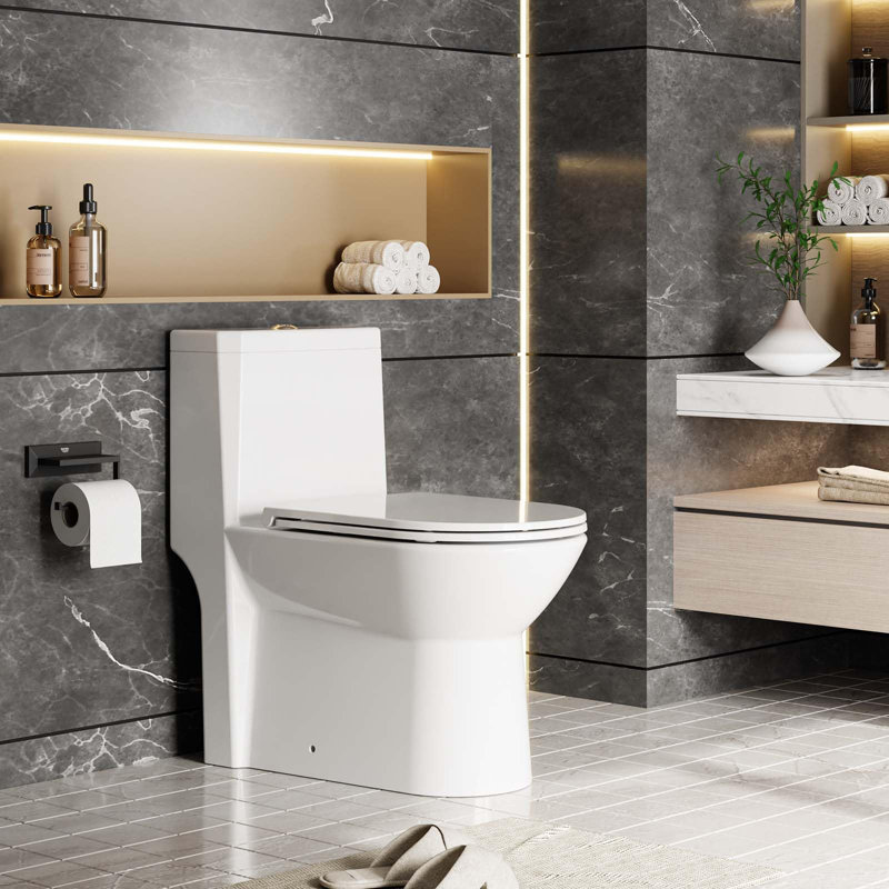 Toilette une pièce, double chasse allongée 0,8 / 1,28 GPP, chasse supérieure puissante