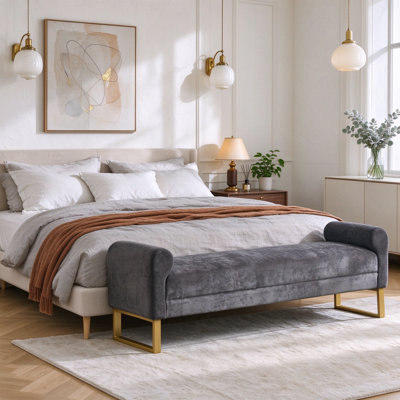 Banc de chambre rembourré l 65,75 po avec accoudoirs, banc d'appoint moderne avec pieds en métal