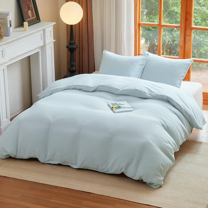Ensemble de housse de couette en mousseline 100% coton lavé pour toutes les saisons, Bleu clair
