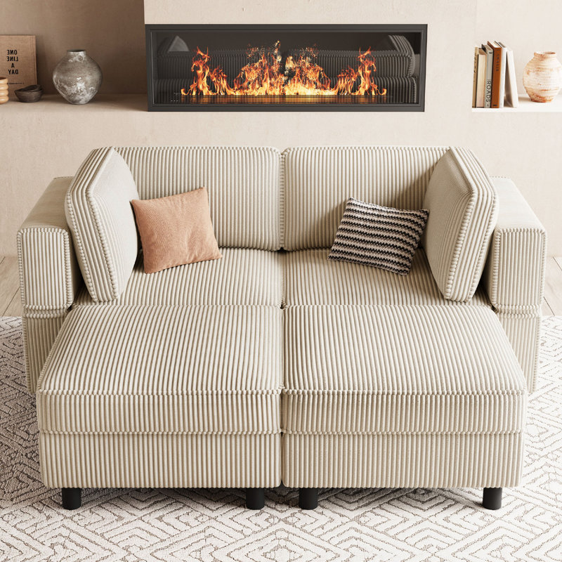 Modular Loveseat Sofa With Two Ottomans, Beige Corduroy