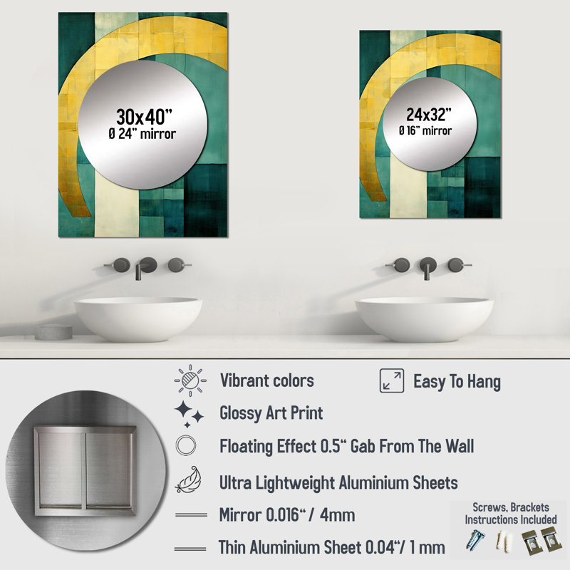 Emerald And Golden Arches I - Abstract Shapes Decorative Mirror, Gold Wall Mirror, Printed Metal Art, 32" x 24"