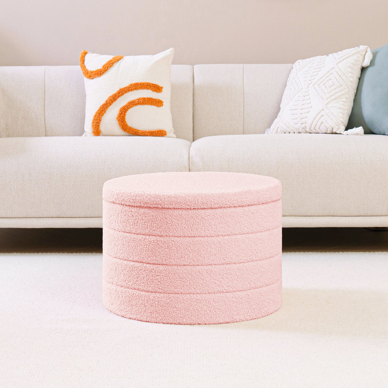 Collapsible Storage Ottoman Round with Tray Teddy Fabric Living Room Bedroom Ottoman with Storage, Pink