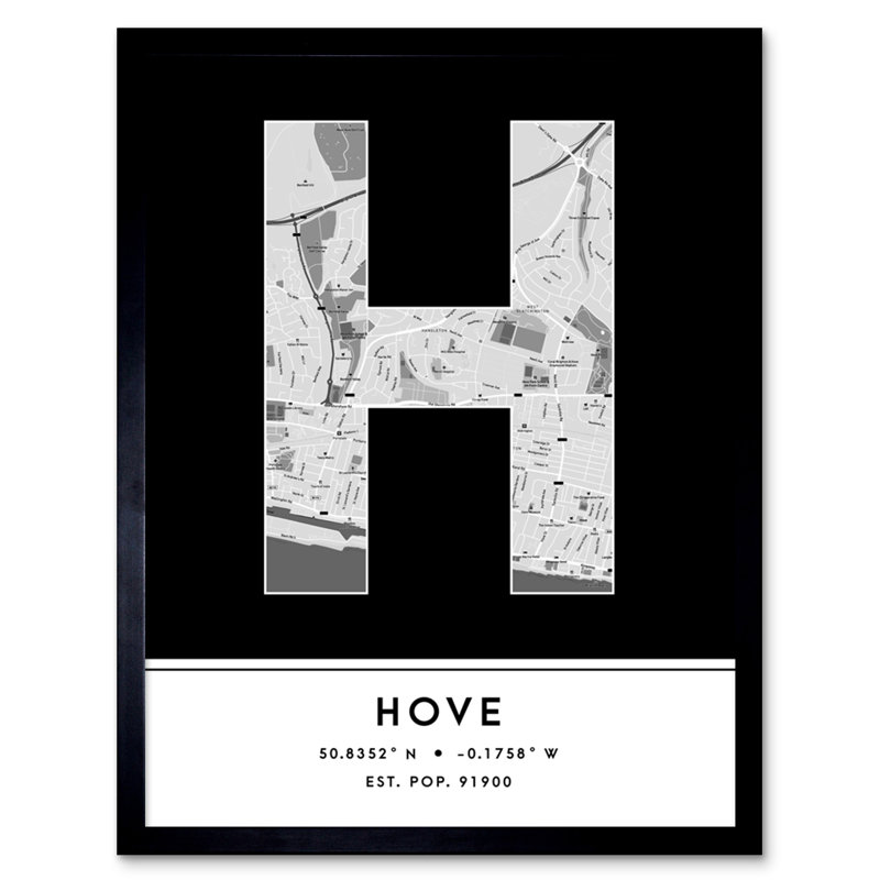 Hove City Map Hove Black & White - Single Picture Frame Typography
