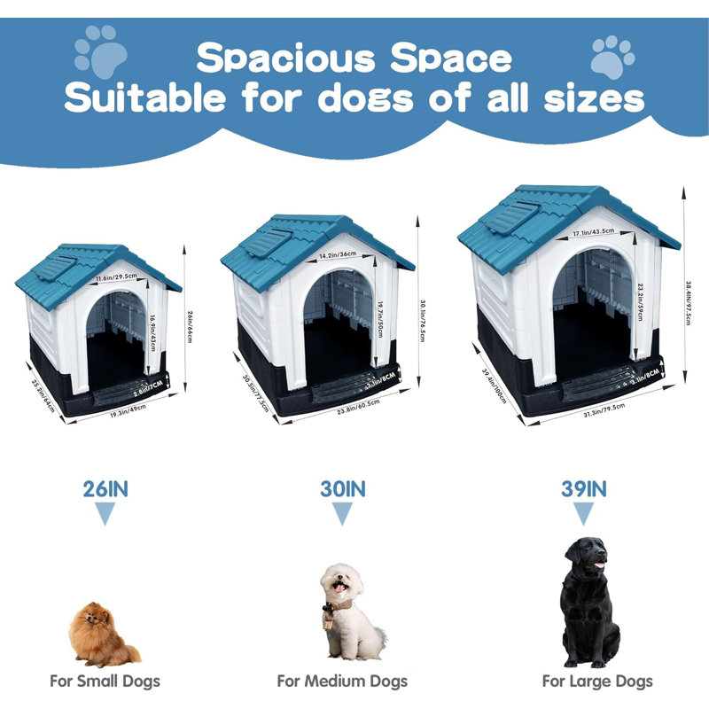 Niche pour chien d'extérieur avec bouches d'aération et plancher surélevé pour chiot, H 38,4 po x l 31,3 po x P 39,4 po, Bleu