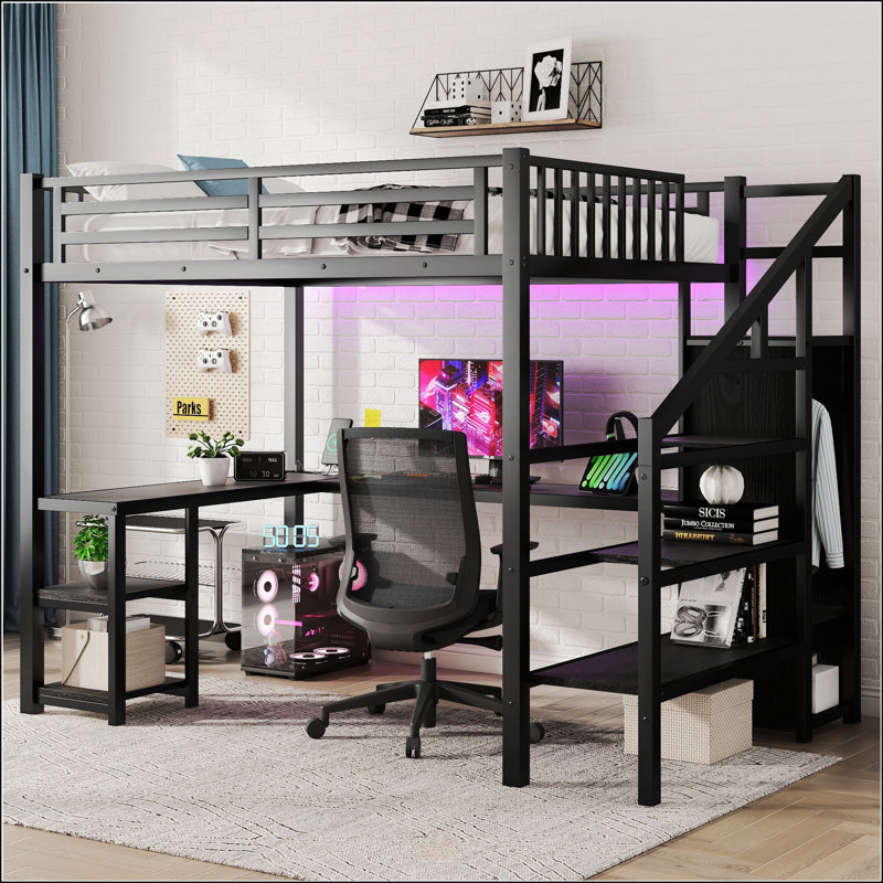 Lit mezzanine double en métal avec garde-robe et lumière DEL