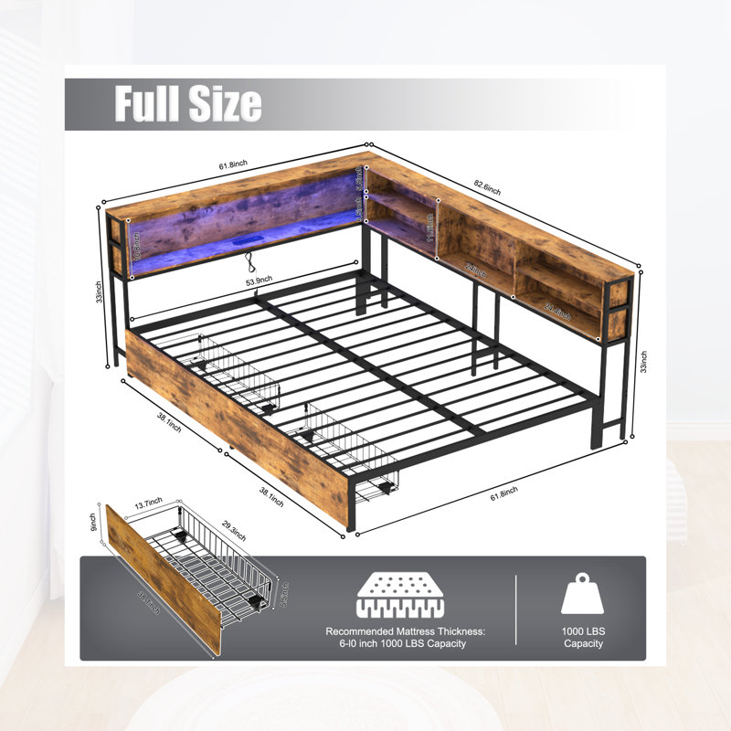 Full Size Metal Corner Daybed with LED Lights and Charging Station - 82" Wide Frame with Bookcase Headboard, Rustic Brown