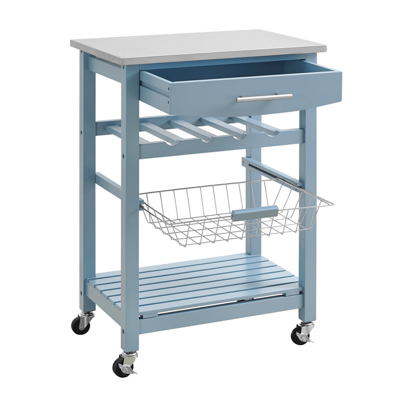 Macy Rolling Granite Kitchen Cart with Utility Drawer & Basket, Stainless Steel, Country Blue
