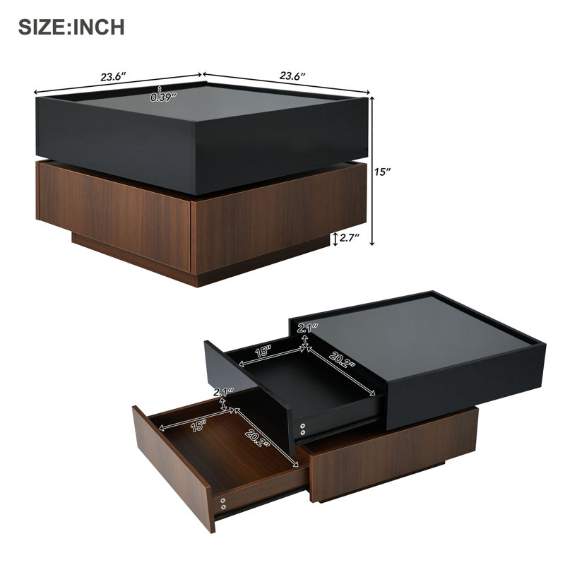 Multi-functional Square 360°Rotating Coffee Table with 2 Drawers, High Gloss 2-Tier Centre Table with Swivel Tabletop and Storage, Walnut Table Frame Side Table for Living Room, Black