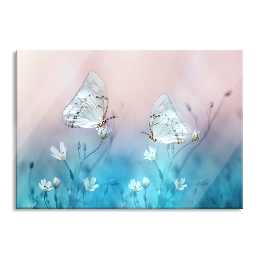 Ungerahmter Grafikdruck auf Glas "Butterflies on Small Flowers"