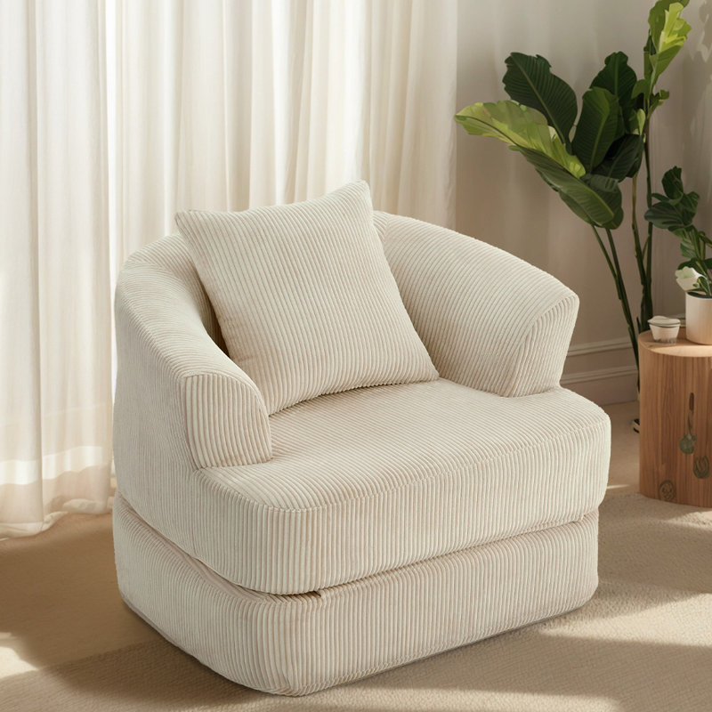 Oversized Upholstered Convertible Accent Barrel Chair, Beige Corduroy