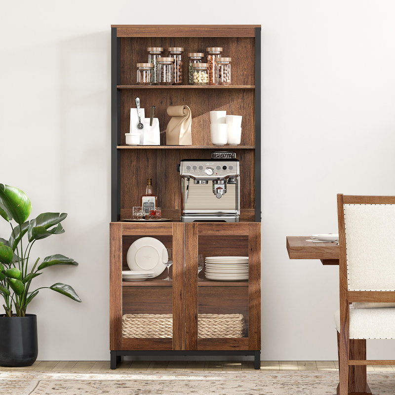 Buffet moderne de 72 po avec portes en verre et tablettes réglables, armoire de rangement multifonctionnelle avec rangement et tablettes ouvertes pour la salle à manger ou la cuisine