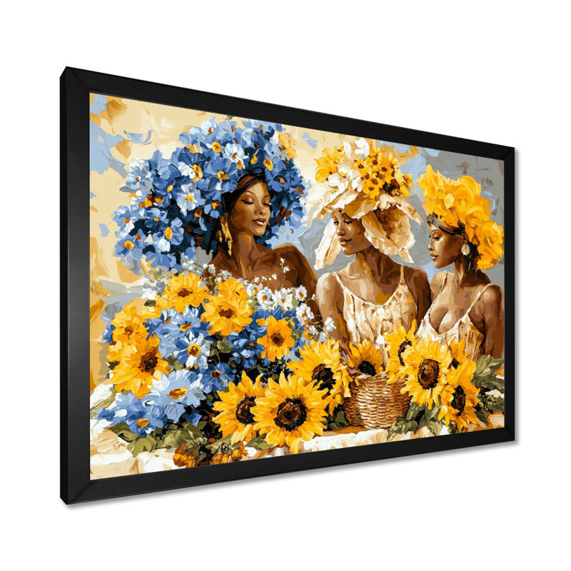 «Blooming Women with Sunflowers In Summer» - Art mural tournesols, Reproduction encadrée d'une seule photo sans pass, Noir
