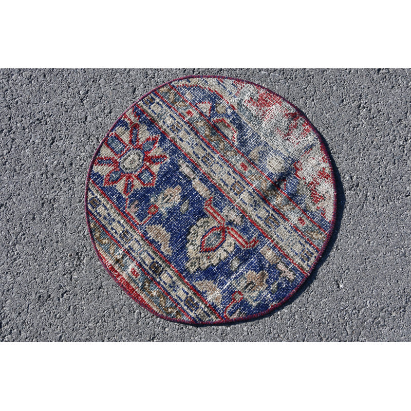 Tapis turc Oushak rétro fait à la main en bleu - petit tapis d'entrée rond SN-6676 bleu / rouge