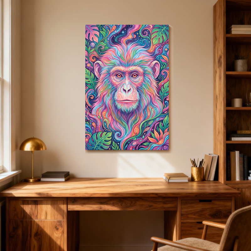 Animaux singe coloré avec des tourbillons et des feuilles vibrantes, H 24 po x l 36 po