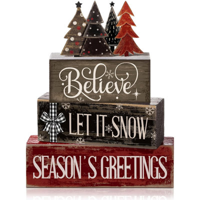 Lot de 4 panneaux décoratifs de Noël en bois pour table à étages | Style rustique avec inscription « Croire » et souhaits de fin d'année, à empiler pour décorer le foyer, la table ou le salon.