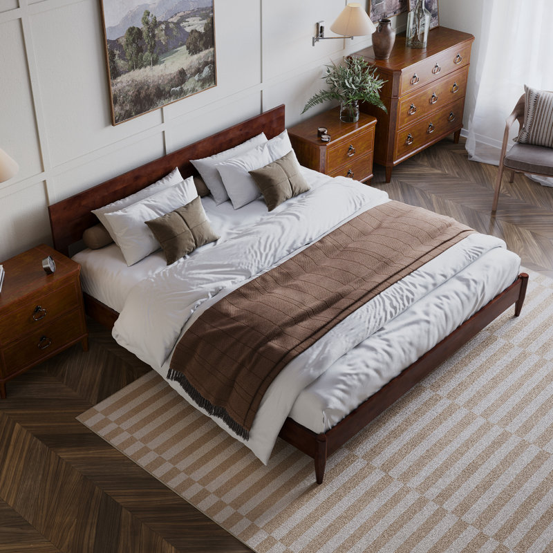Amandaleigh Solid Wood Low Profile Platform Bed with Built-in Charging Station, Walnut, King