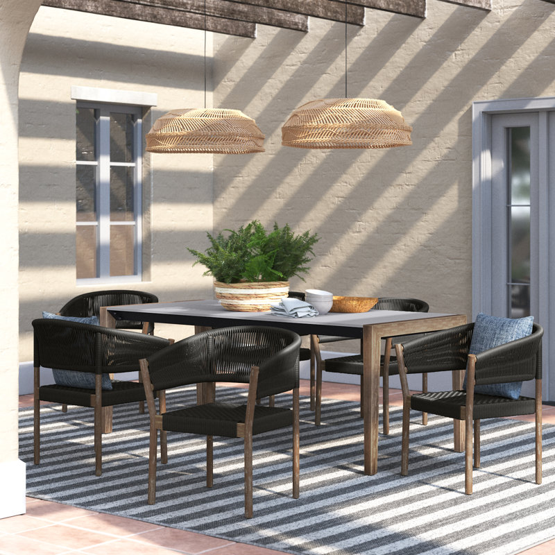Izola 7 Piece Eucalyptus & Rope Outdoor Dining Set, Light Brown/Charcoal